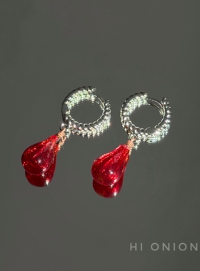 HiOnion原创红色水滴玻璃镀银耳扣个性耳夹男女显白耳饰