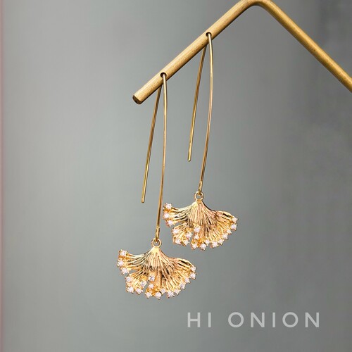 HiOnion芭蕾舞原创超闪锆石扇形耳环长款耳夹精致个性法式优雅