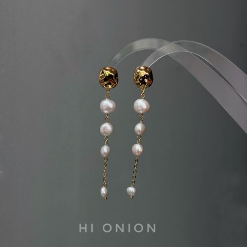 HiOnion《第九交响曲》原创设计长款珍珠流苏耳钉法式复古耳夹