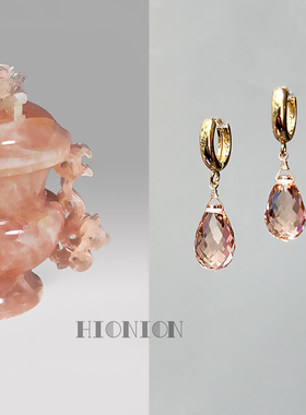 Hi Onion原创设计小众水滴耳扣铜镀金蚊香盘耳夹个性中式粉色耳环