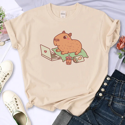Capybara T shirt 女士T恤夏小众风杏色卡通水豚印花短袖打底衫