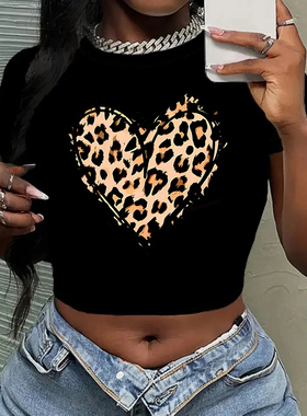 Leopard Love T shirt 欧美风时尚豹纹爱心印花露脐体恤女装上衣