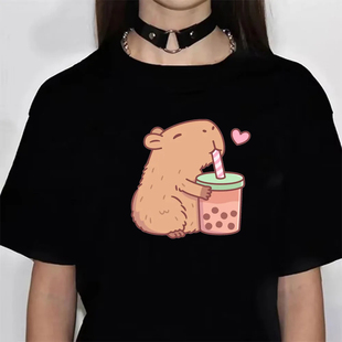 Capybara T shirt 卡通可爱水豚印花女士大码宽松短袖T恤圆领衫