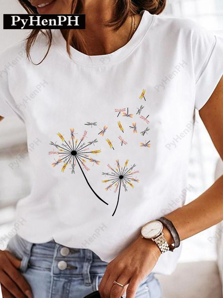 Dragonflies T shirt Women 新款时尚蜻蜓印花T恤女设计感体恤衫