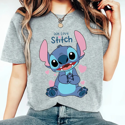We Love Stitch T shirt 新款卡通我们爱星际宝贝印花女士T恤短袖