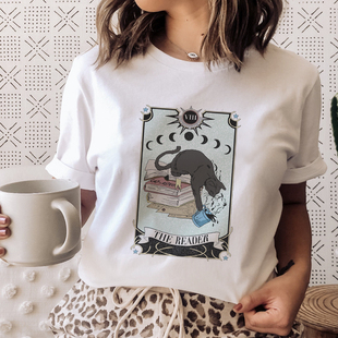 Books Cats Tarot T shirt 复古塔罗牌猫印花男女短袖T恤白T上衣