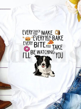 Cute Collie T shirt 新款可爱边境牧羊犬印花短袖T恤女圆领上衣