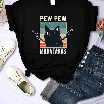Pew Pew Madafaks T shirt 趣味卡通猫咪印花短袖T恤女大码上衣