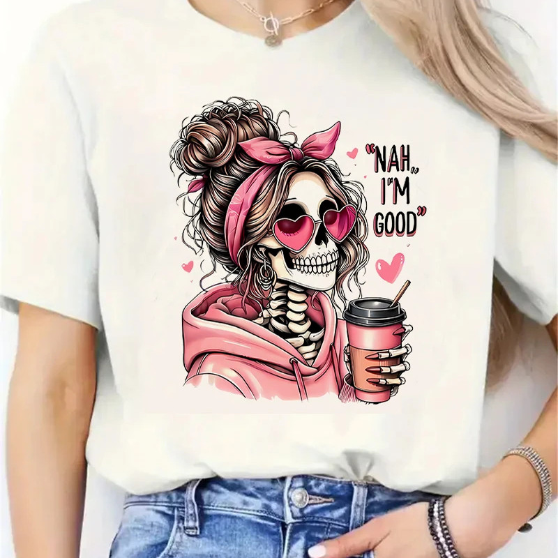 Skull Girl T shirt 新款潮流骷髅女孩印花圆领短袖T恤夏季打底衫