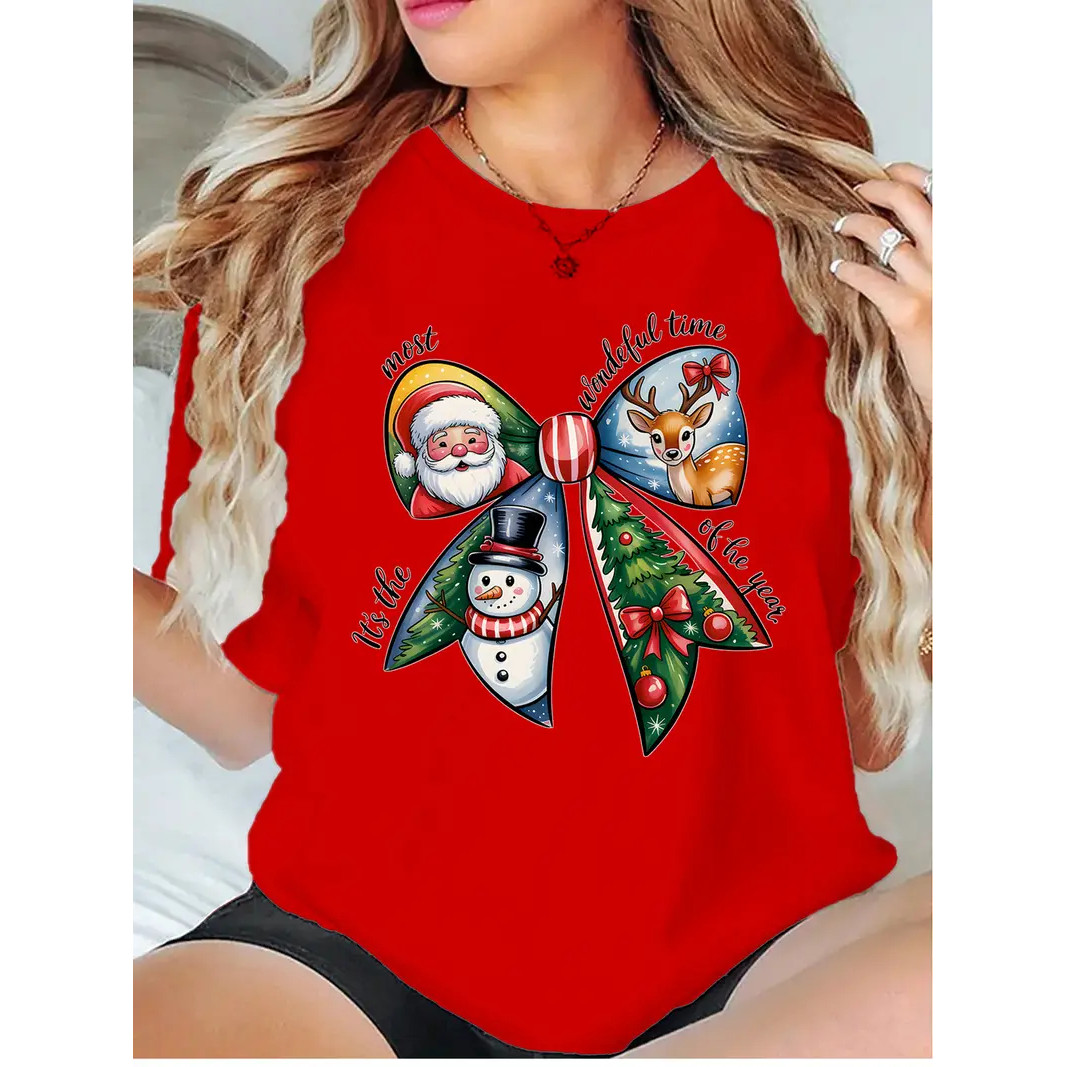 Christmas Bow T shirt 新款圣诞节个性蝴蝶结印花T恤男女亲子装