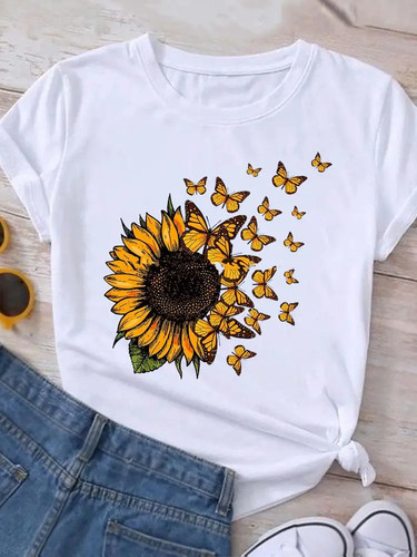 Sunflower Butterfly T shirt 太阳花蝴蝶印花女士圆领短袖上衣服