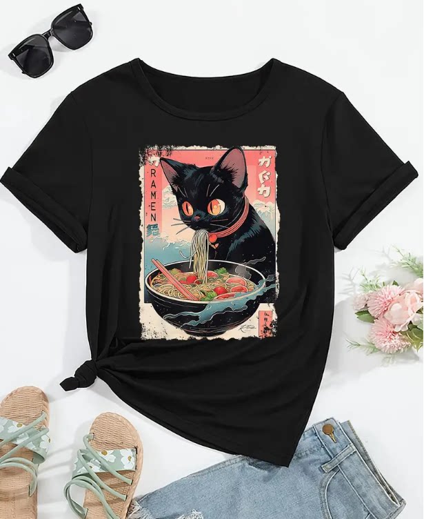 Cat T shirt 时尚可爱吃面条猫咪印花女士休闲大码短袖T恤情侣装