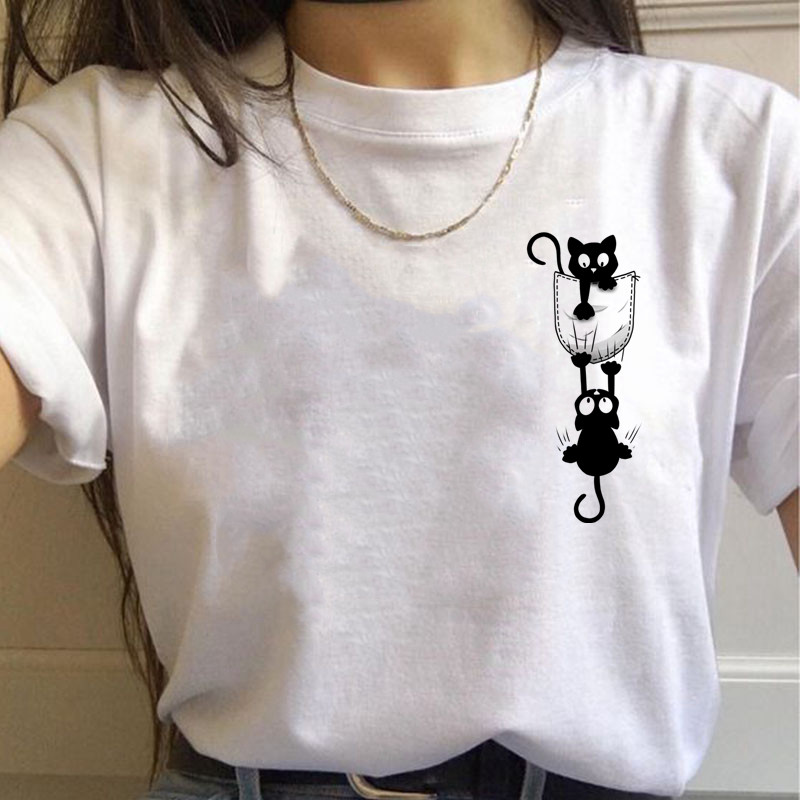 Cat Pocket T shirt 新款卡通假口袋猫咪熊猫T恤女小众风夏季女装