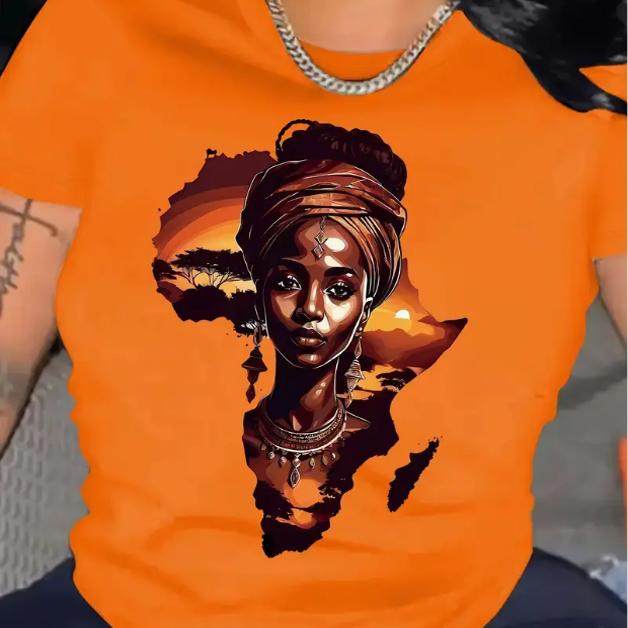 African T shirt 时尚非洲地图黑女人印花夏季短袖T恤女橙色上衣