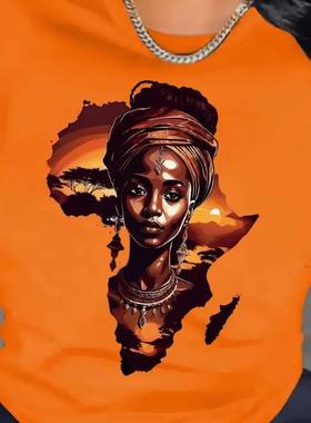 African T shirt 时尚非洲地图黑女人印花夏季短袖T恤女橙色上衣