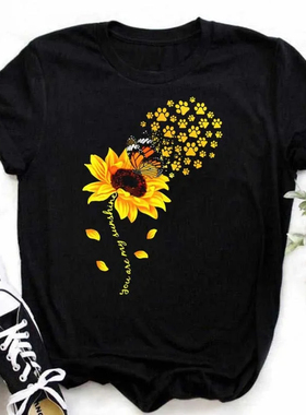 Sunflower T shirt 黑色T恤女时尚向日葵蝴蝶印花短袖T恤休闲上衣