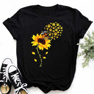 Sunflower T shirt 黑色T恤女时尚向日葵蝴蝶印花短袖T恤休闲上衣