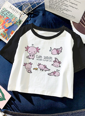 新款女装露脐T恤Cartoon Axolotl短袖T恤短款上衣内搭闺蜜装ins潮