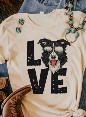 Border Collie T shirt 夏季杏色女装T恤卡通边境牧羊犬印花体恤