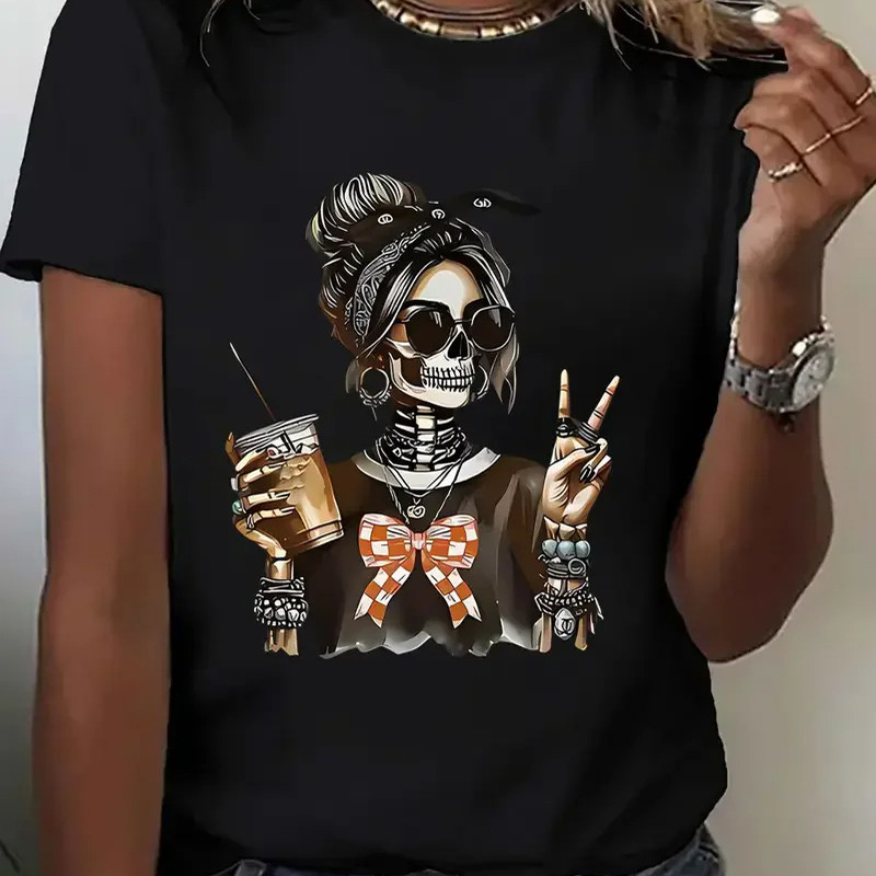 Skull Girl T shirt 卡通喝奶茶的骷髅女孩印花短袖T恤夏季女装