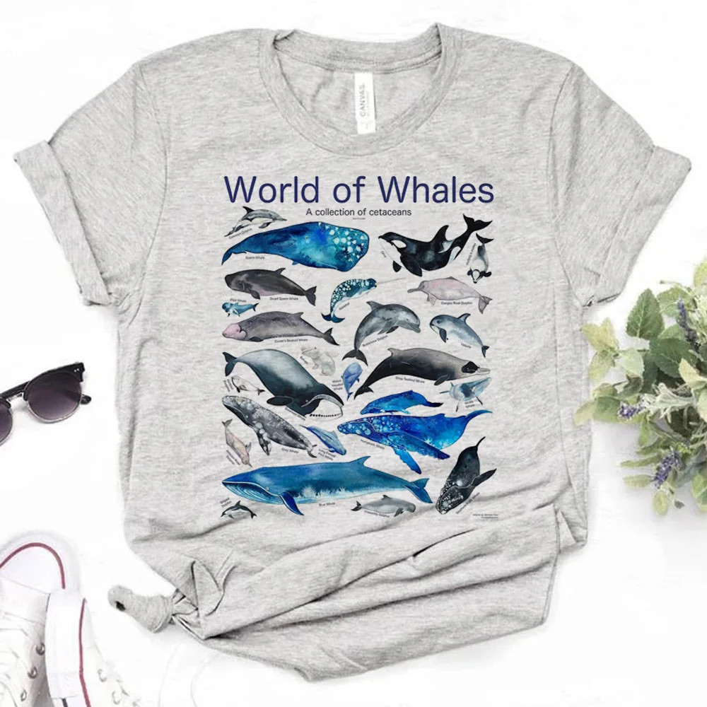 Whales T shirt 夏季女士短袖T恤新潮鲨鱼鲸鱼印花休闲女式半袖衫