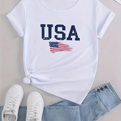 USA T shirt 新款美国国旗印花短袖T恤上衣男女夏季情侣装打底衫
