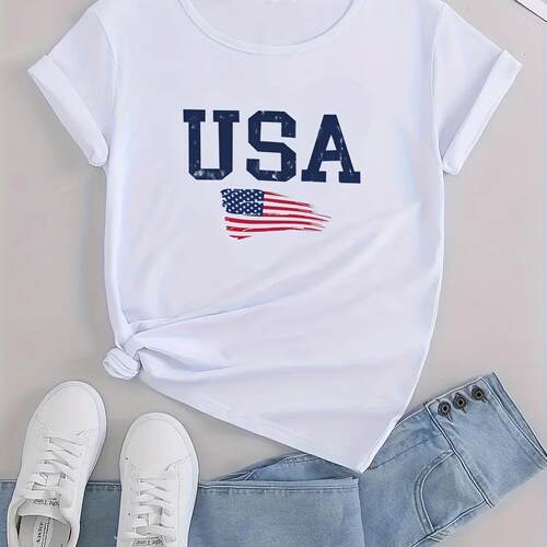 USA T shirt 新款美国国旗印花短袖T恤上衣男女夏季情侣装打底衫