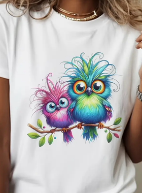 Funny Bird T shirt 卡通可爱长羽毛小鸟印花短袖T恤女士打底衫