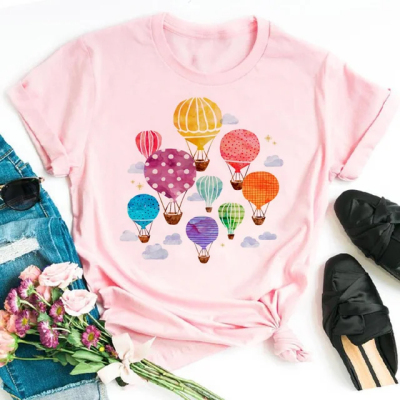 Flower Balloon T shirt 夏季女装鲜花气球印花休闲大码女士T恤