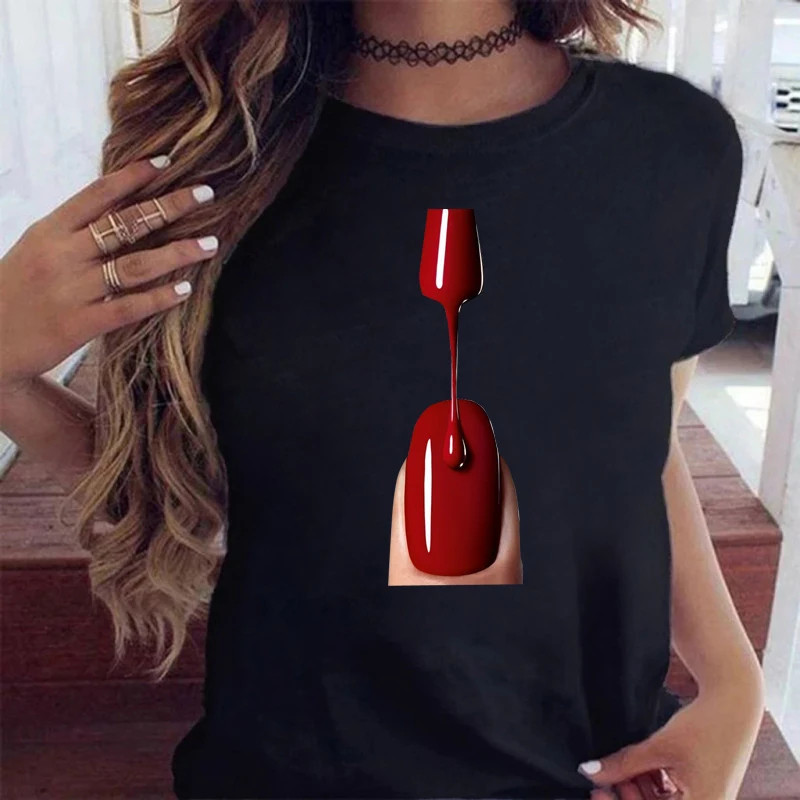 Nail Polish T shirt 新款时尚指甲油印花休闲圆领女士T恤上衣服