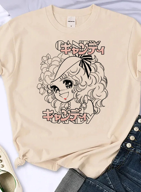 Cartoon Girl T shirt 卡通动漫女孩印花卡其色短袖女装学生上衣