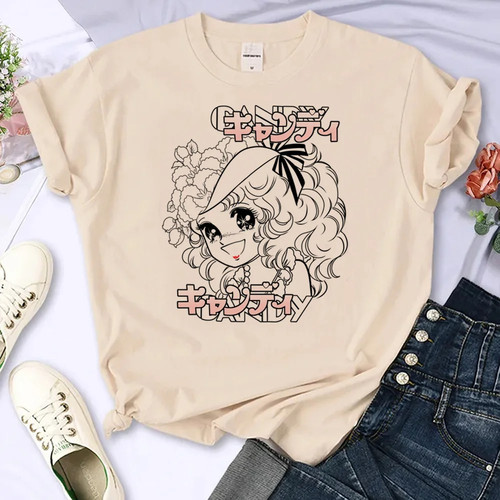 Cartoon Girl T shirt 卡通动漫女孩印花卡其色短袖女装学生上衣