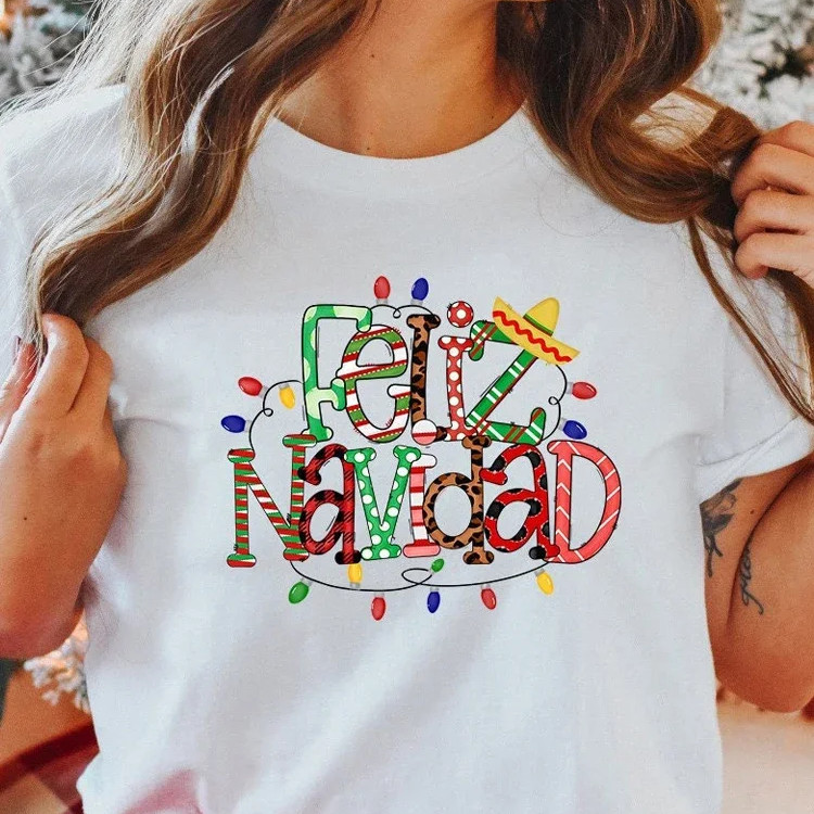 Feliz Navidad T shirt 个性西班牙语圣诞快乐印花T恤女士短袖T恤