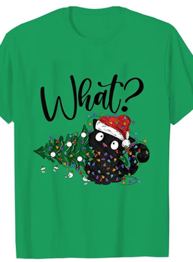 Christmas Cat T shirt 卡通可爱圣诞节猫咪印花绿色短袖T恤上衣