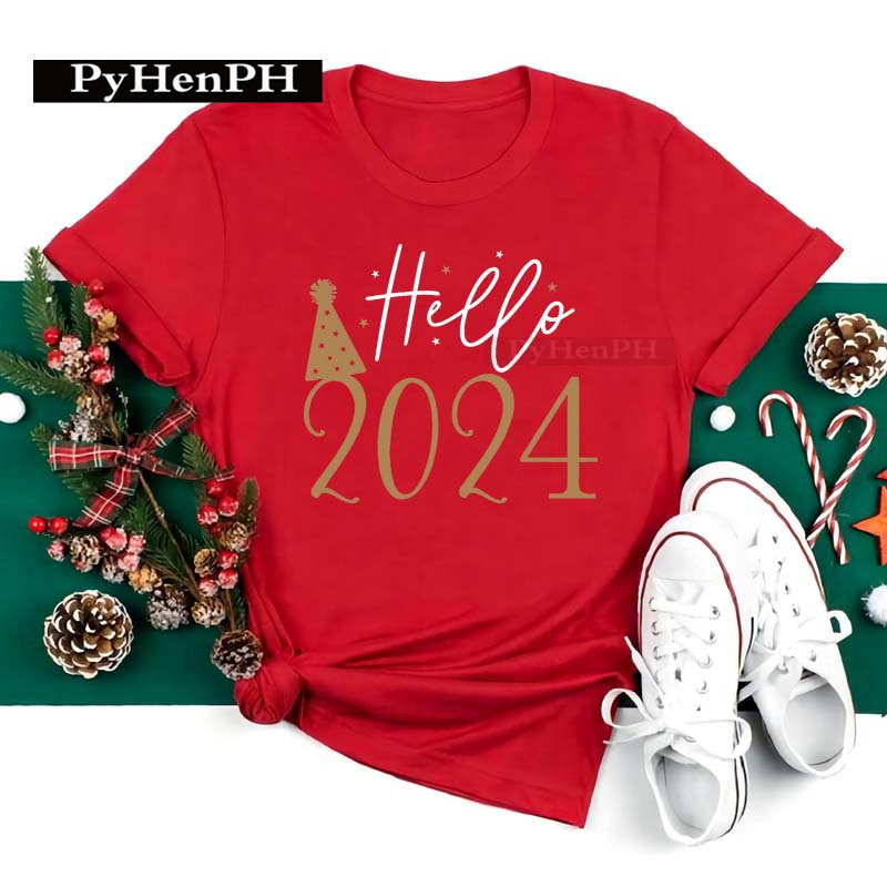 Hello 2024 Tshirt 新年快乐2024新年短袖黑色T恤亲子装家庭装