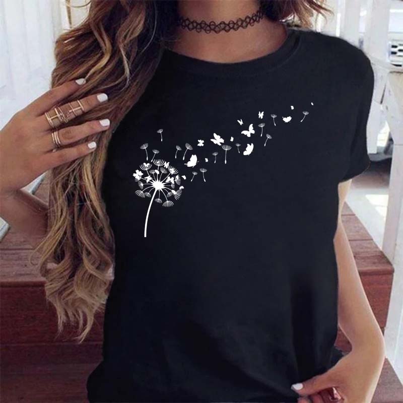 Dandelion T shirt 黑色短袖T恤女个性蒲公英印花百搭休闲亲子装