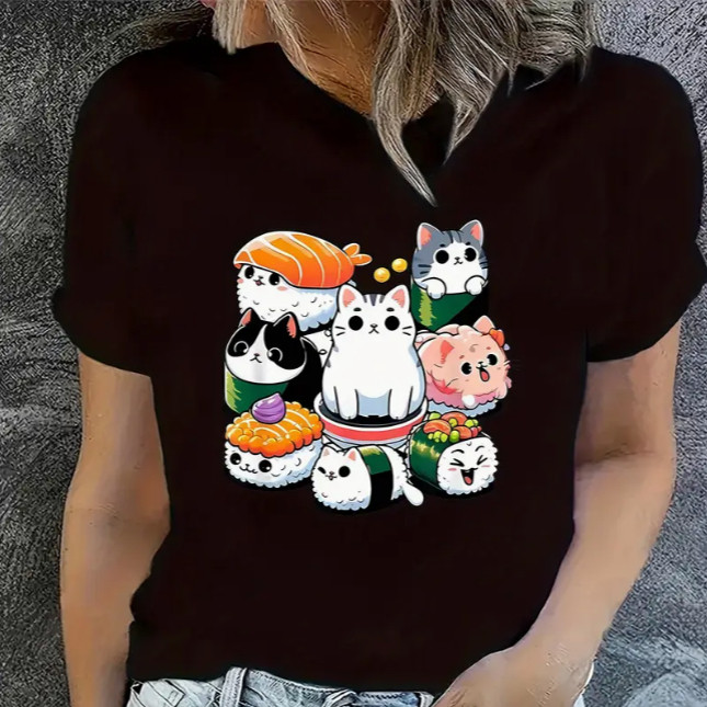 Cat Sushi T shirt 新款卡通猫咪寿司印花圆领T恤短袖大码亲子装