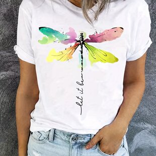 Dragonfly T shirt 超酷欧美风蜻蜓印花女士T恤短袖夏季圆领体恤