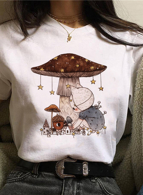 Mushroom T Shirt Women  个性蘑菇印花中性休闲日常短袖白色T恤
