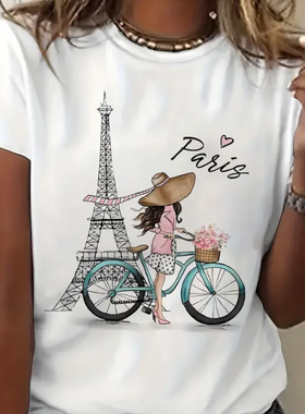 Paris Girl T shirt 时尚芭蕾铁塔女孩印花T恤夏季白色圆领体恤衫