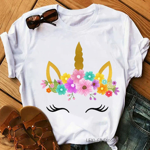 Unicorn T shirt 时尚可爱独角兽印花短袖T恤女夏季亲子装体恤衫