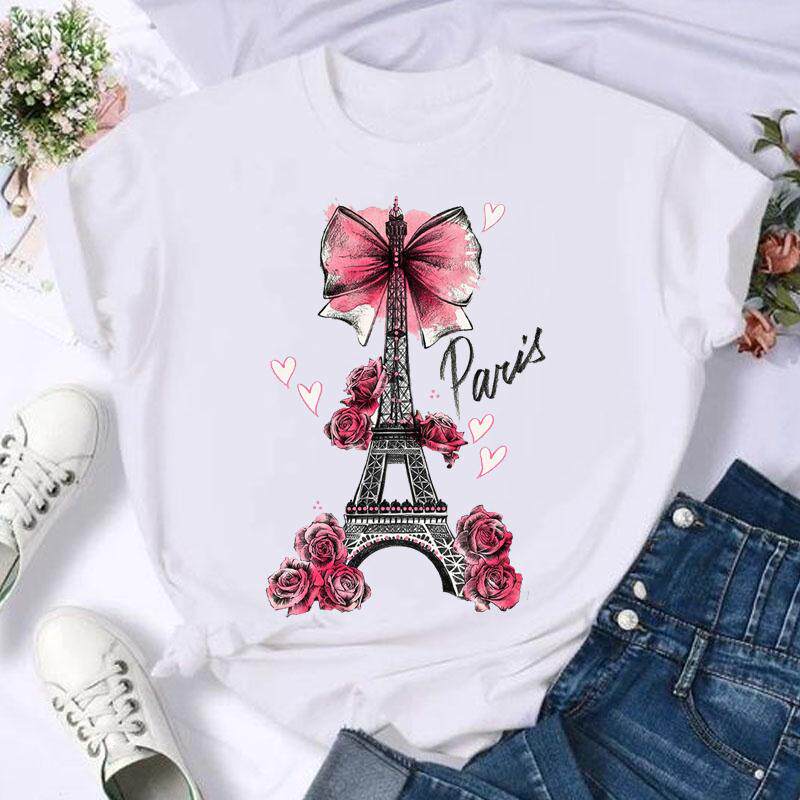 Flower Tower T shirt 欧美风鲜花巴黎铁塔印花T恤女士白色短袖衫