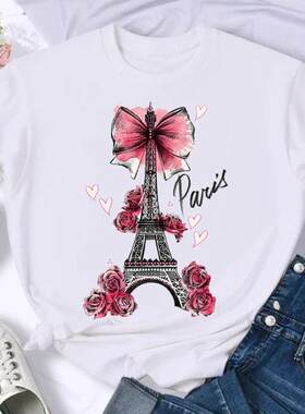Flower Tower T shirt 欧美风鲜花巴黎铁塔印花T恤女士白色短袖衫