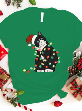 Christmas Cat T shirt 绿色圣诞节猫咪T恤短袖情侣T恤上衣半袖