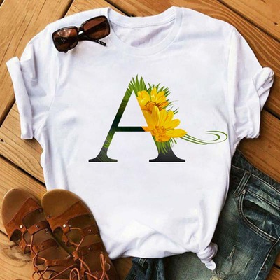 26 Letter Tshirt 新款26英文字母花朵印花女性短袖T恤休闲体恤衫