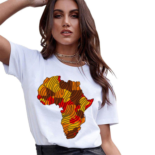 Africa Tops 夏季女士百搭短袖时尚非洲大陆印花T恤女学生圆领衫