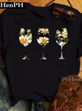 Wine Glasses T Shirt INS风个性红酒杯印花直筒短袖T恤 打底衫