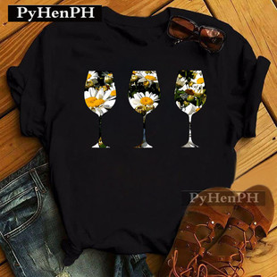 Shirt INS风个性 红酒杯印花直筒短袖 Wine 打底衫 T恤 Glasses