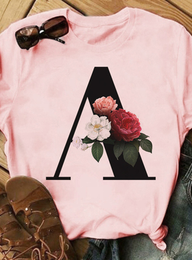 Black Letter Floral Tshirt 时尚黑色26字母鲜花印花男女情侣T恤