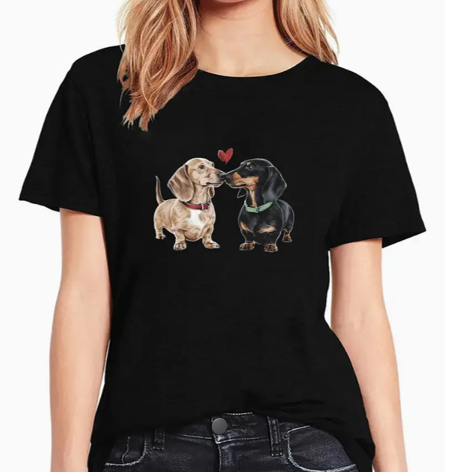 Cute Dog T shirt 卡通可爱狗狗腊肠犬印花女士短袖T恤夏季亲子装